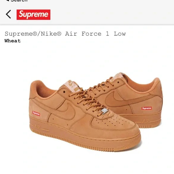 SOLD - NWT Supreme x Nike Air Force 1 Low in Wheat - Picture 1 of 5